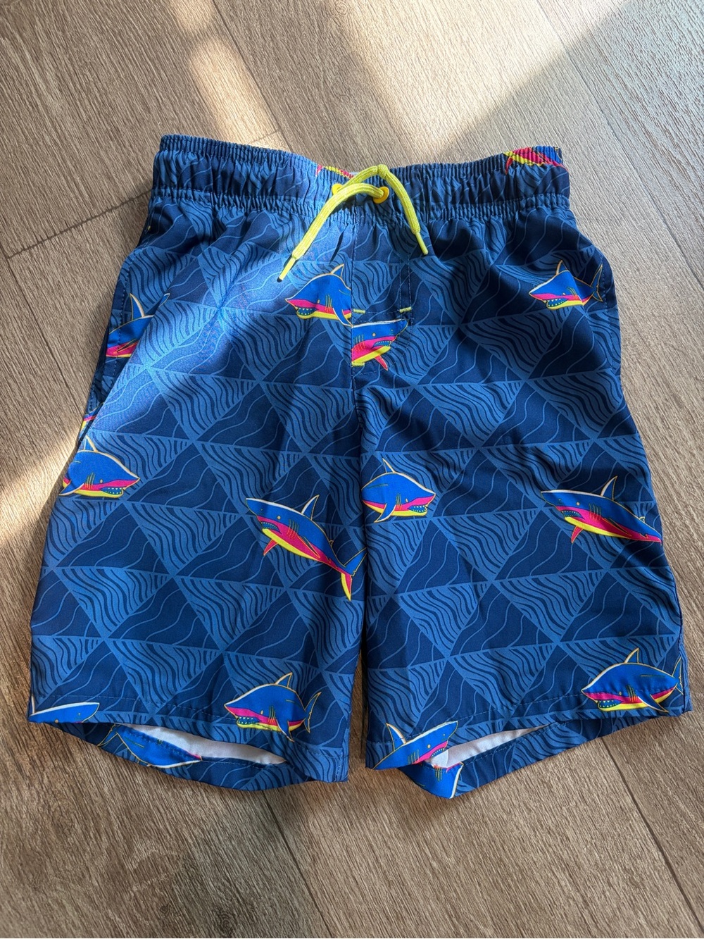 wonder nation Blue Shark-Print Swim Trunks with Yellow Drawstring